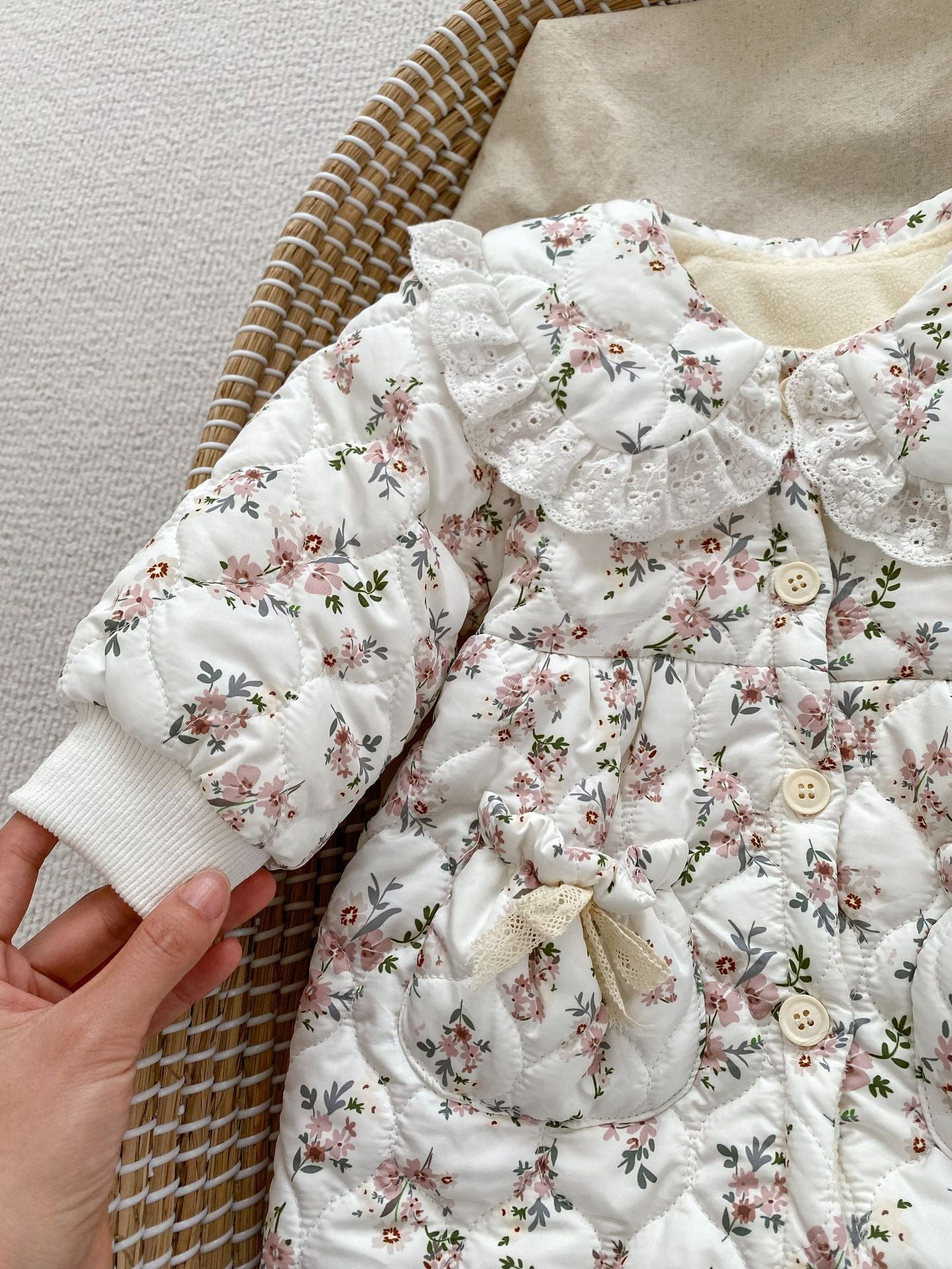 Infant Baby Girl Floral Combo Laces Warm Thicken Long Sleeve Jumpsuit-4