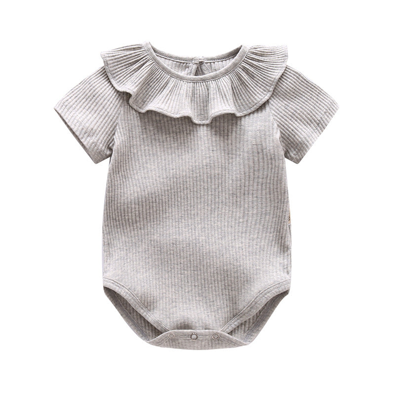 Baby Girl Solid Color Ruffle Design Short Sleeve O-Neck Onesies