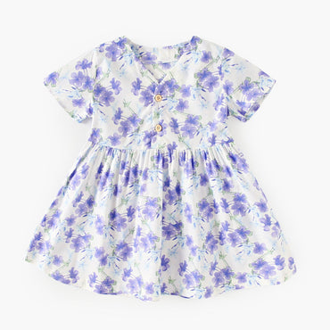 Summer Arrival Baby Girls Elegant Floral Pattern Short Sleeves V Neck Dress-1