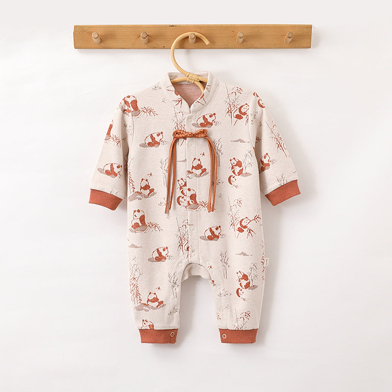 Autumn and Spring Arrival Baby Unisex Chinese Painting Pattern Long Sleeves Stand Collar Single Breasted Rompers-3