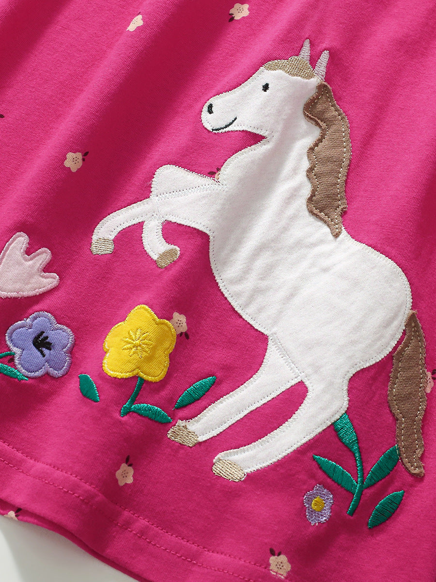 Cheap Autumn Girls Cartoon Flowers And Horse Pattern Crew Neck Long Sleeves Casual Dress-4