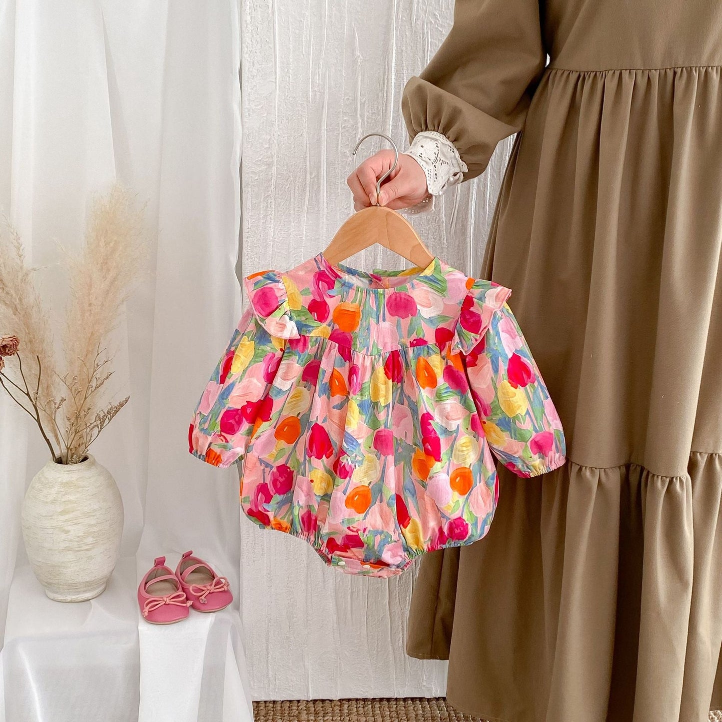 Autumn New Arrival Baby Girls Long Sleeves Vivid Floral Print Colorful Onesies and Dress-2
