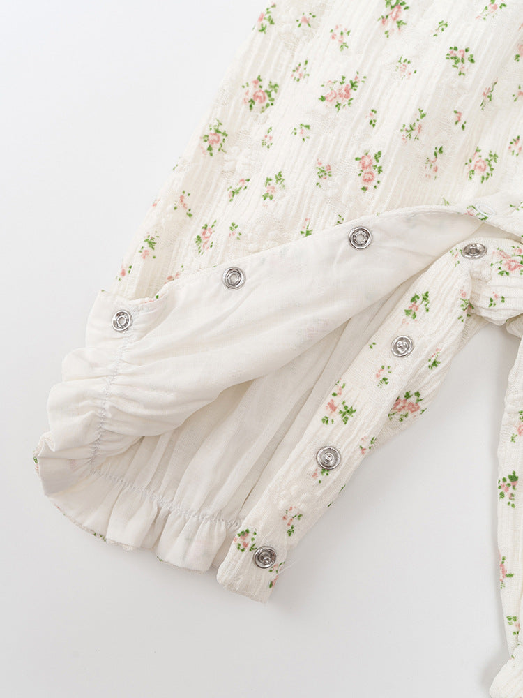 Autumn Arrival Baby Girls Flowers Pattern Single Breasted Romper with Cute Collar-4