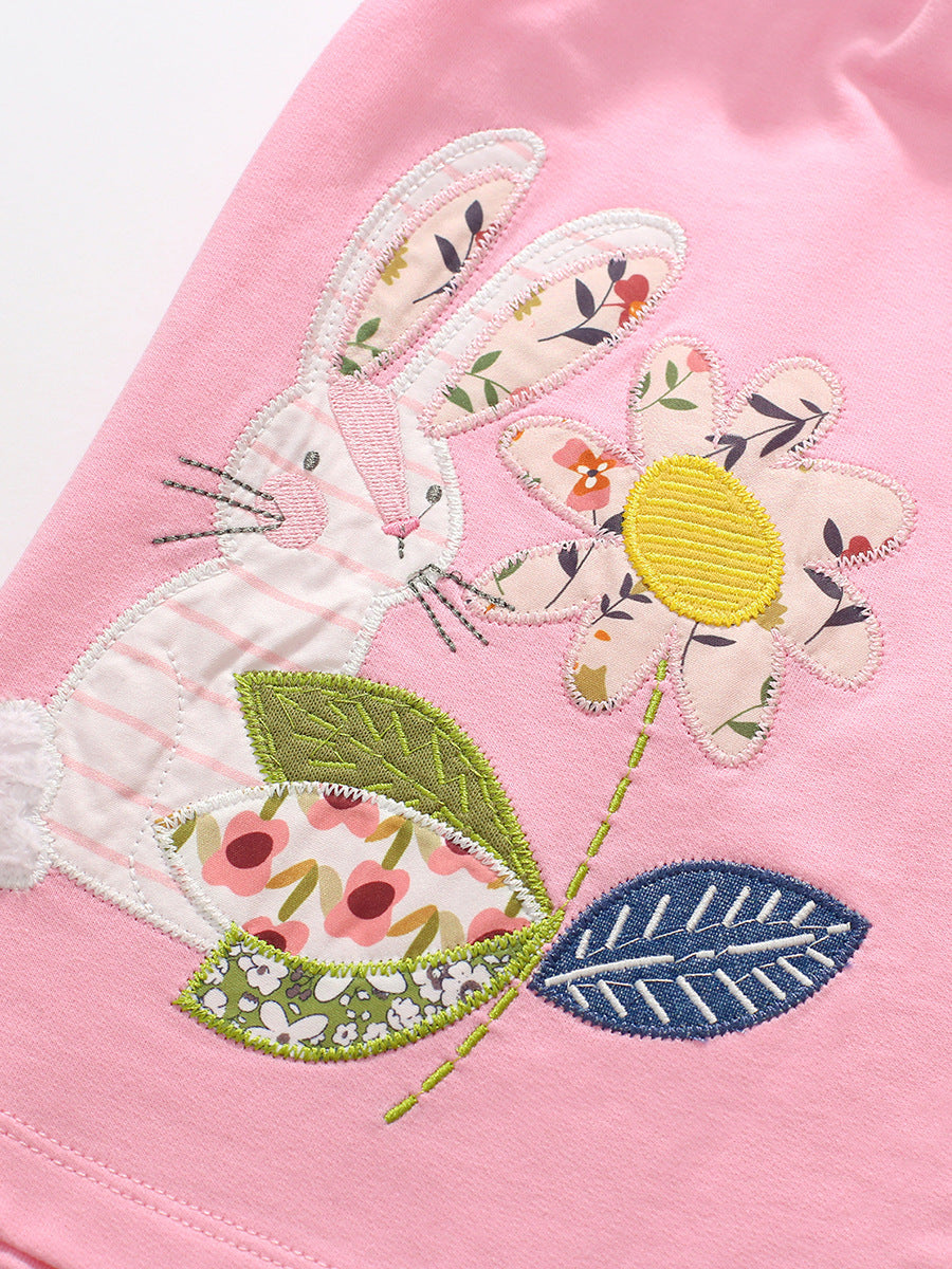 New Arrival Autumn Girls Long Sleeves Flowers And Rabbit Pattern Crew Neck Dress