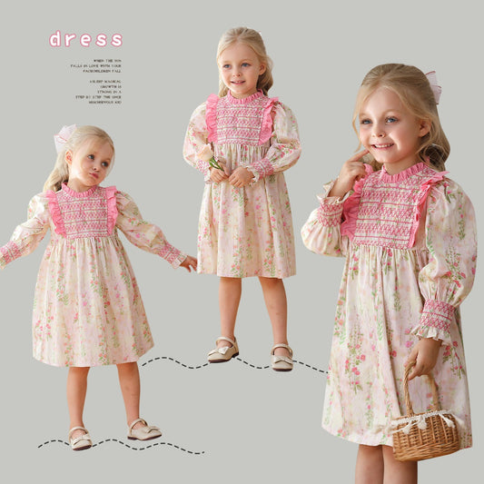 Design Autumn Girls Fashion Floral Long Puff Sleeves Ruffle Neck Dress-0