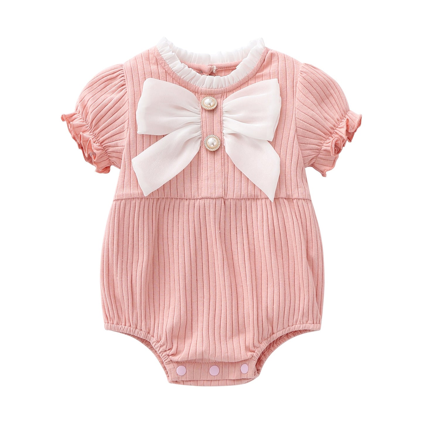 Baby Girls Solid Color Lace Design Puff-Sleeved Fashion Onesies With Bow Decoration In Summer-3