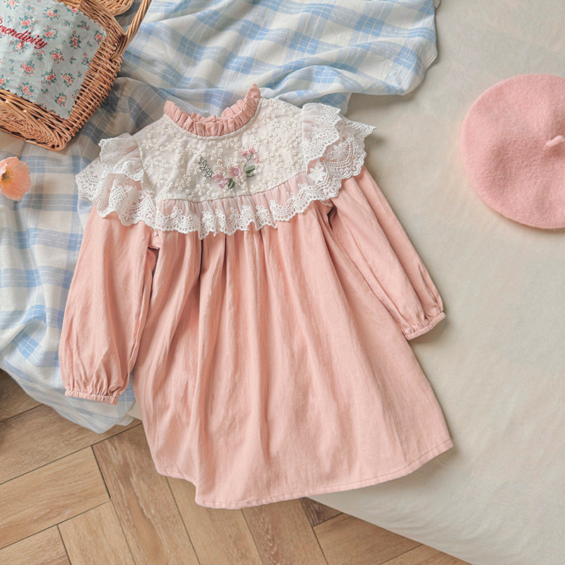 Arrival Autumn Girls Floral Embroidery Pattern Long Sleeves Ruffle Neck Dress-3