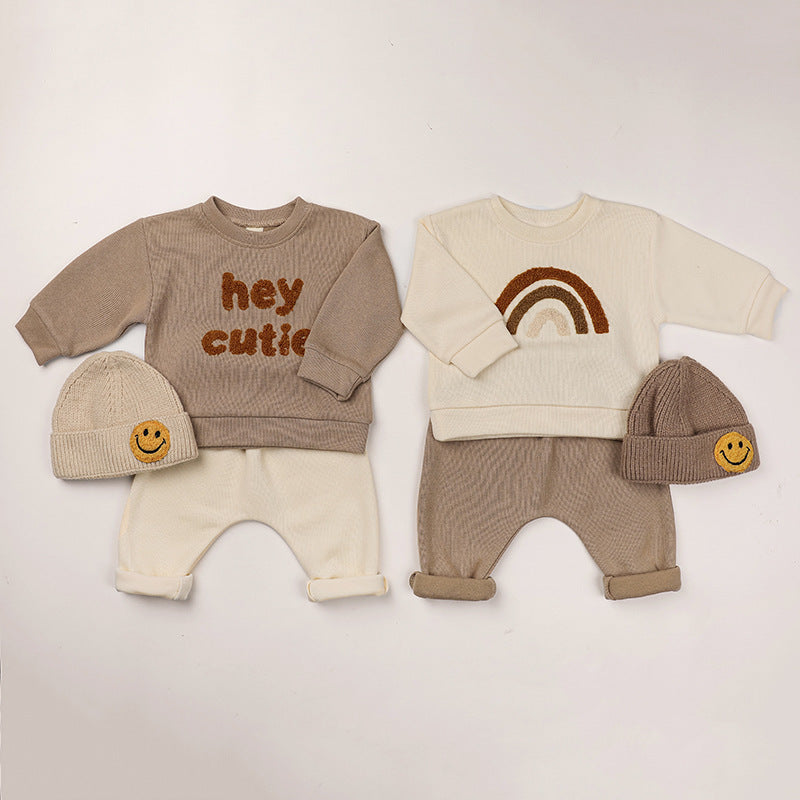 Baby Rainbow & Letter Graphic Hoodies And Pants Sets-2