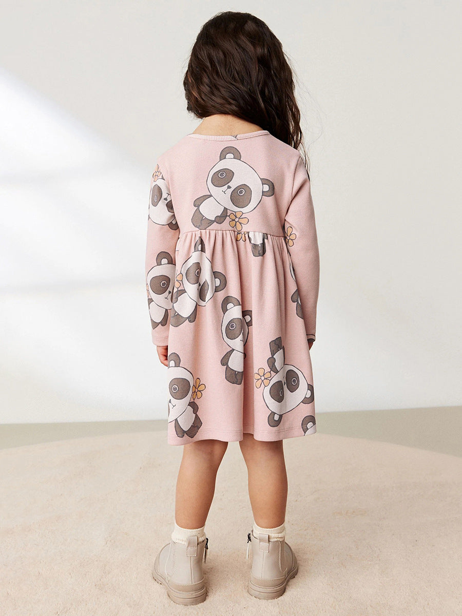 Arrival Autumn Girls Long Sleeves Cartoon Panda Pattern Crew Neck Dress-4