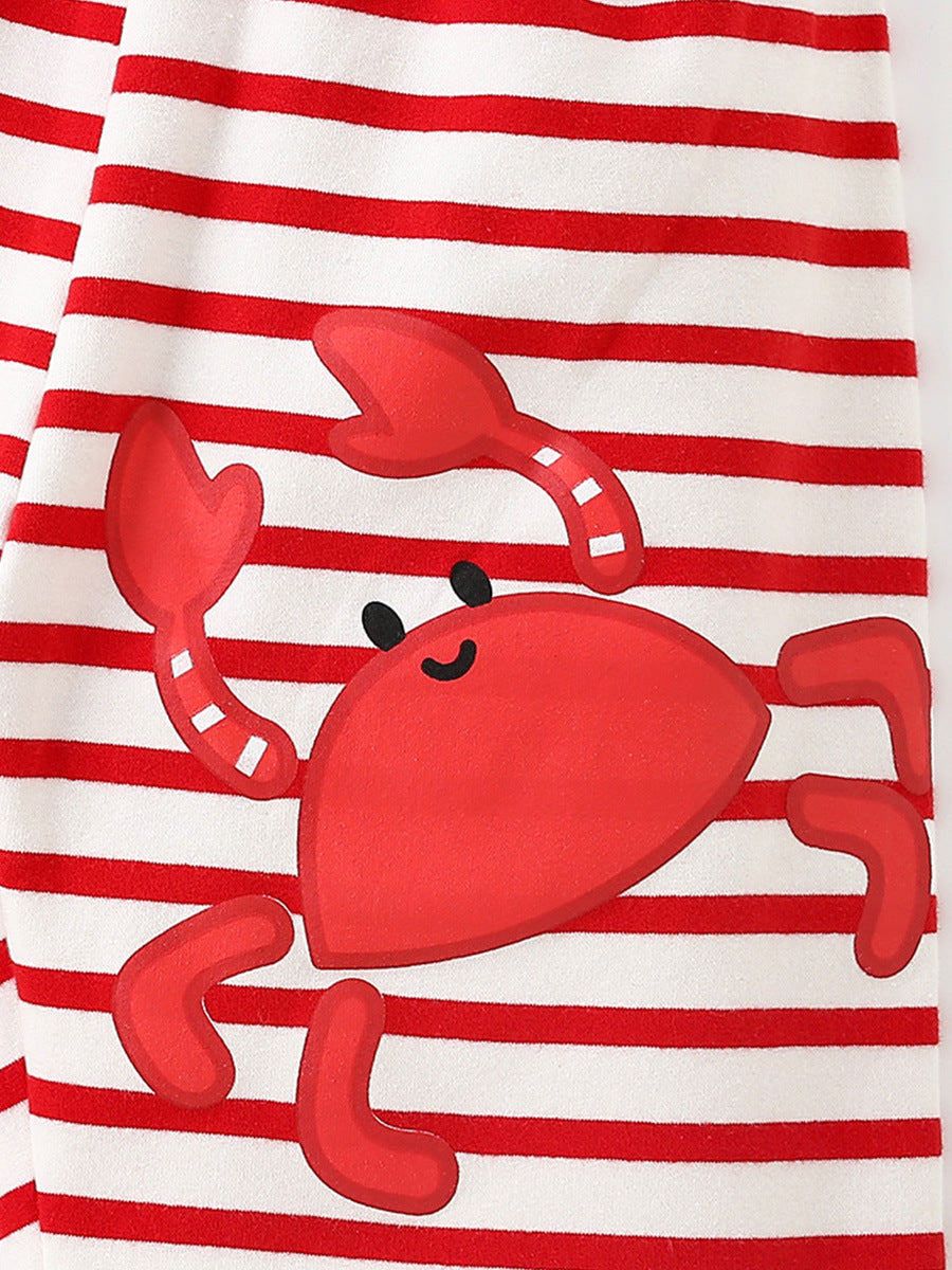 Summer Baby Kids Girls Crab Cartoon Pattern Short Sleeves T-Shirt And Striped Shorts Casual Clothing Set