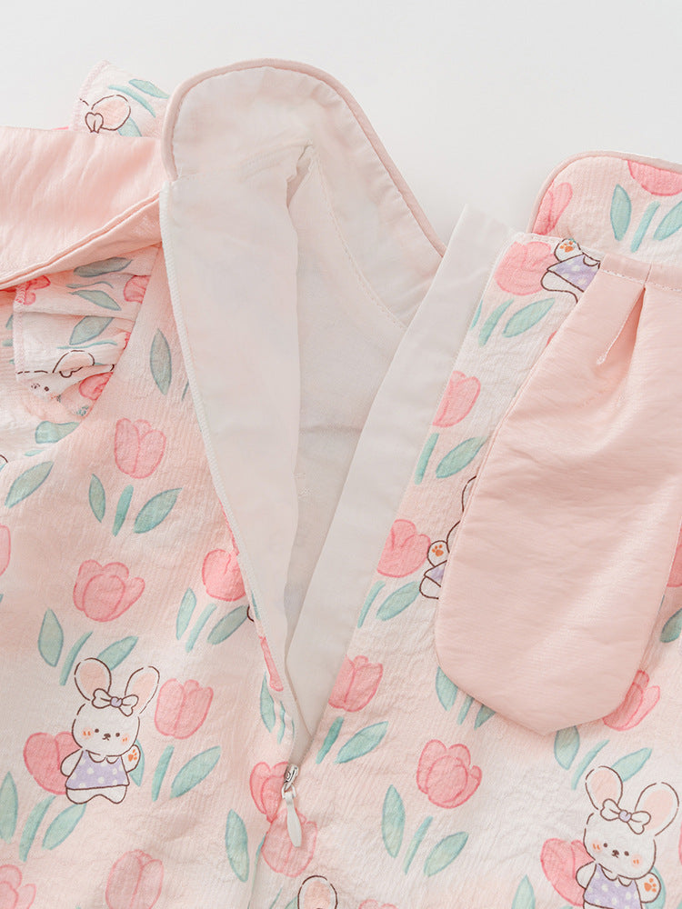 Autumn New Arrival Baby Girls Flowers and Rabbits Pattern Long Sleeves Onesies with Stand Collar-3