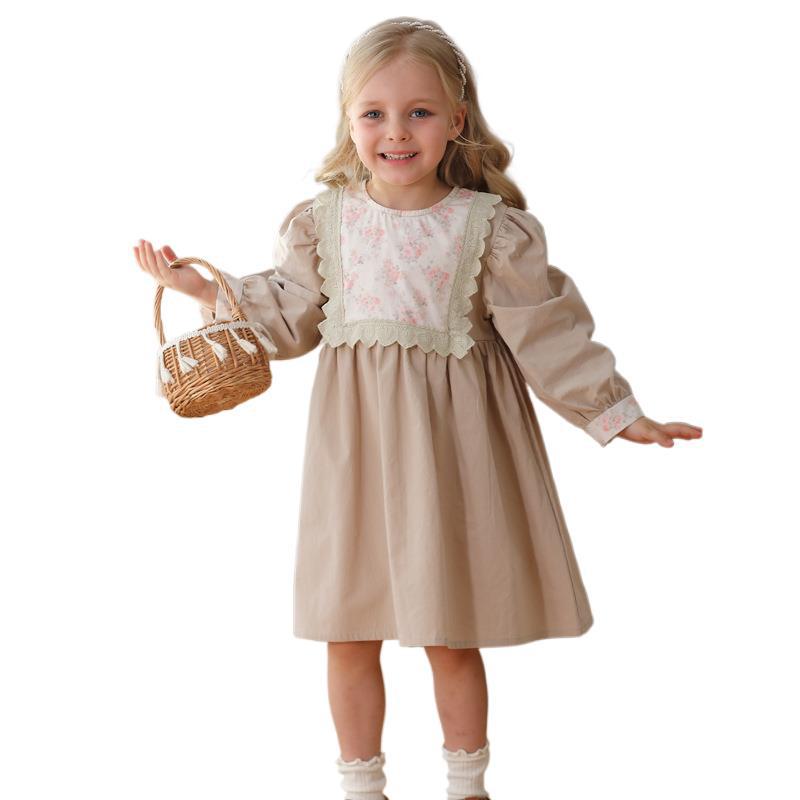 Arrival Autumn Girls Princess Crew Neck Long Sleeves Flowers Printed Patchwork Dress-3