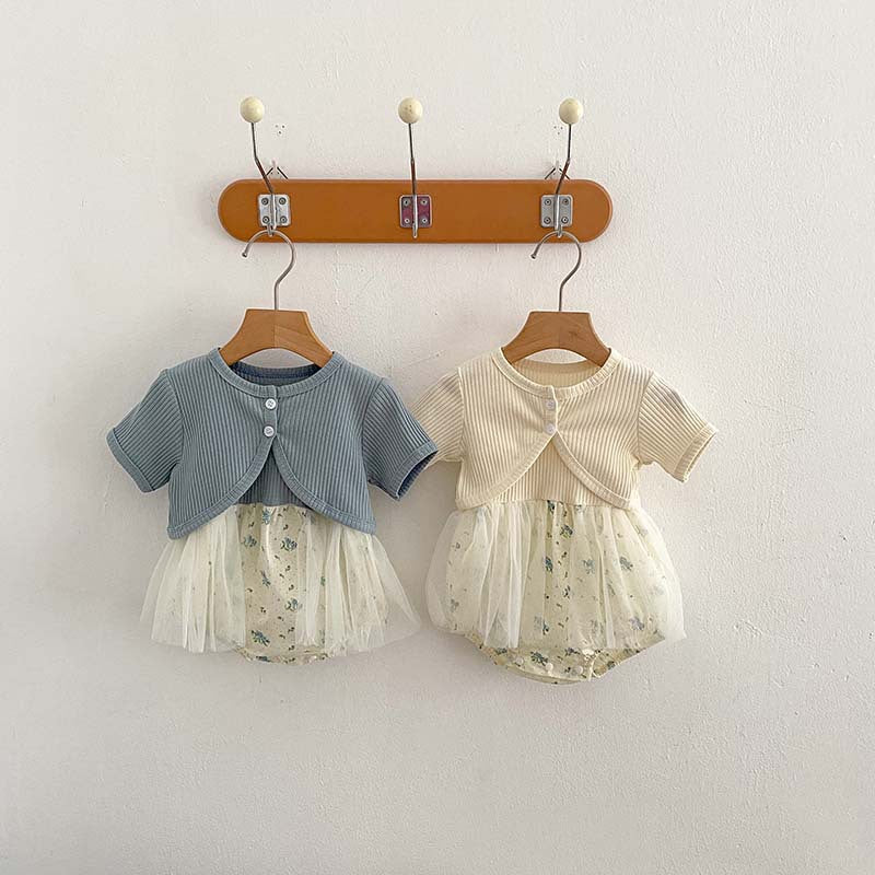 New Arrival Summer Baby Kids Girls Solid Color Short Sleeves Cardigan And Sleeveless Strap Tulle Onesies – Sister Matching Set