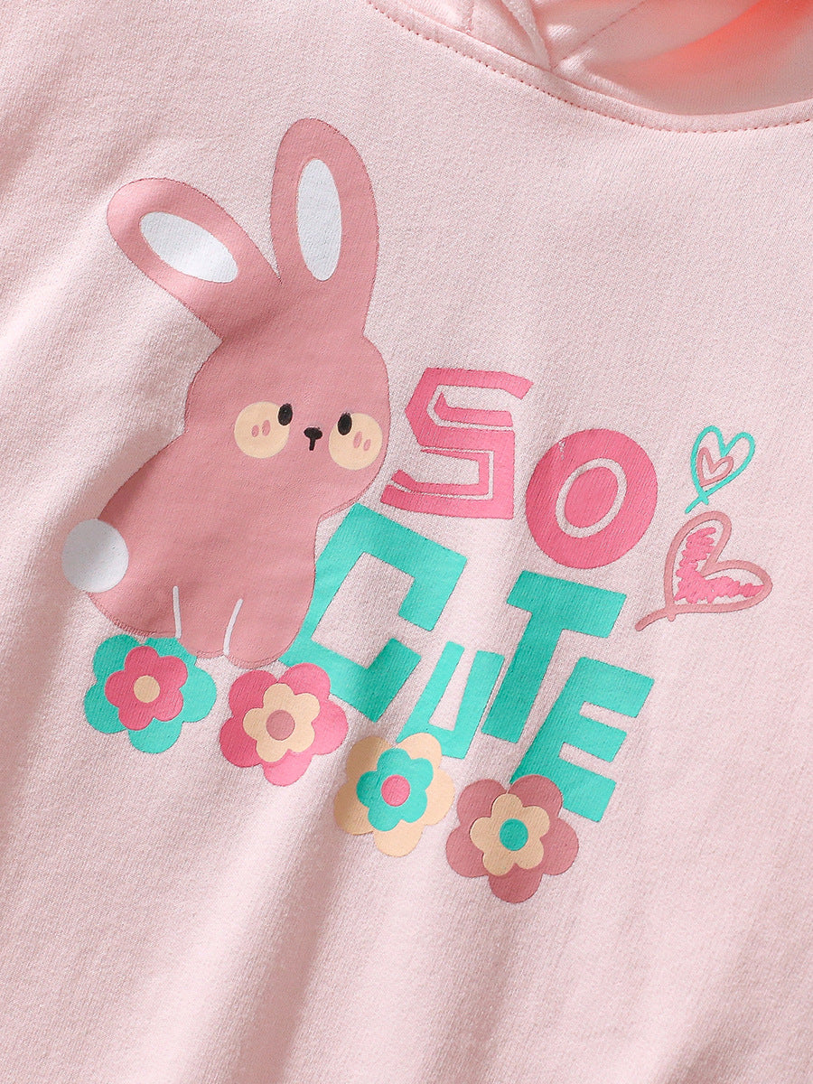 Spring And Autumn Girls Cute Cartoon Rabbit Pattern Long Sleeves Top Hoodies And Floral Pants Clothing Set