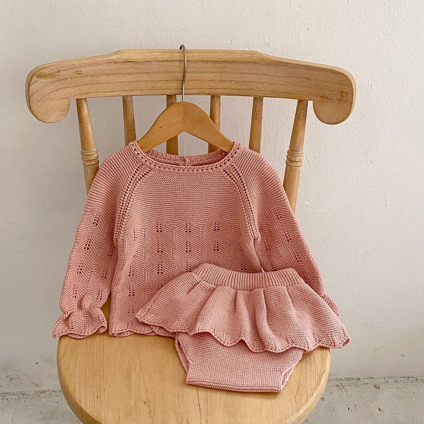 Autumn Hollow Carved Design Solid Color Knitted Sets