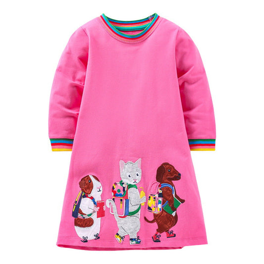Best Selling Autumn Girls Animals Friends Pattern Rainbow Crew Neck Long Sleeves Dress-0