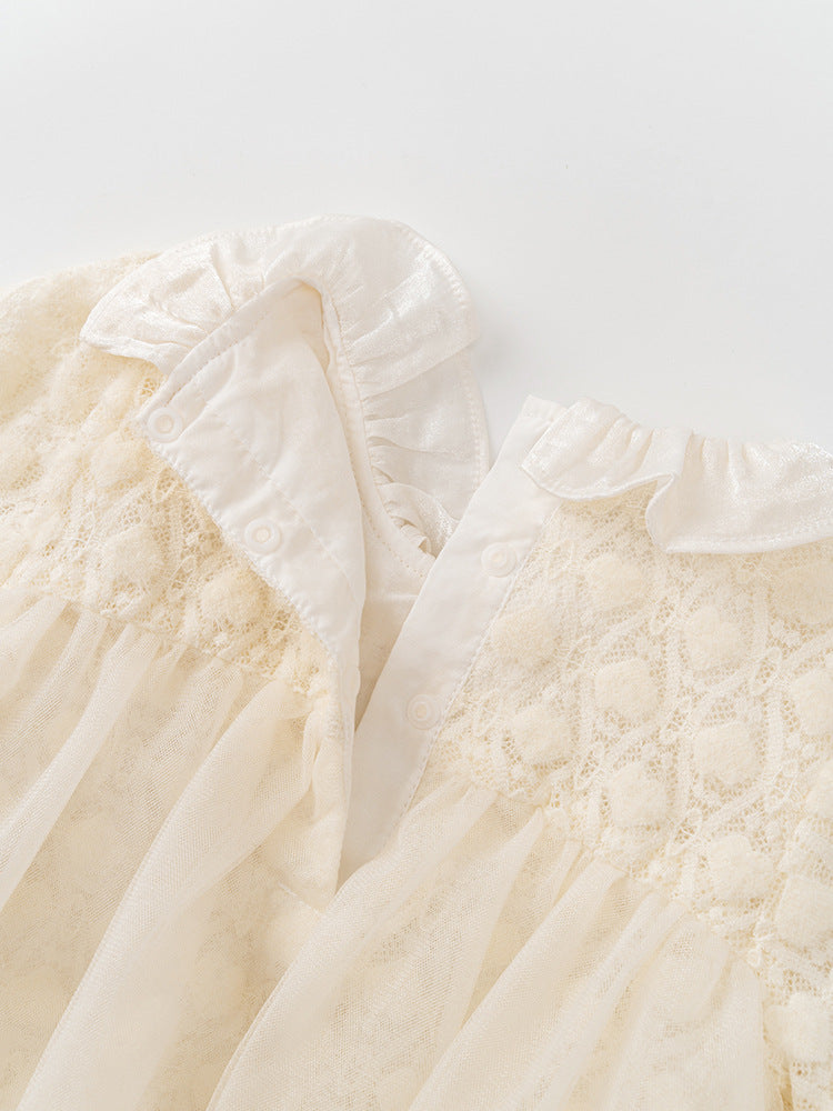 Autumn Tulle Dress Design Baby Girls Beige Geometric and Heart Pattern Long Sleeves Onesies with Princess Collar and Hat-4