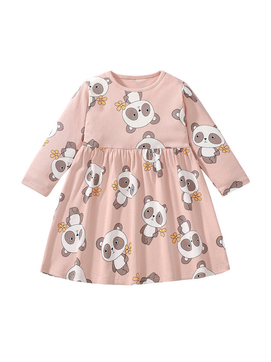 Arrival Autumn Girls Long Sleeves Cartoon Panda Pattern Crew Neck Dress-0