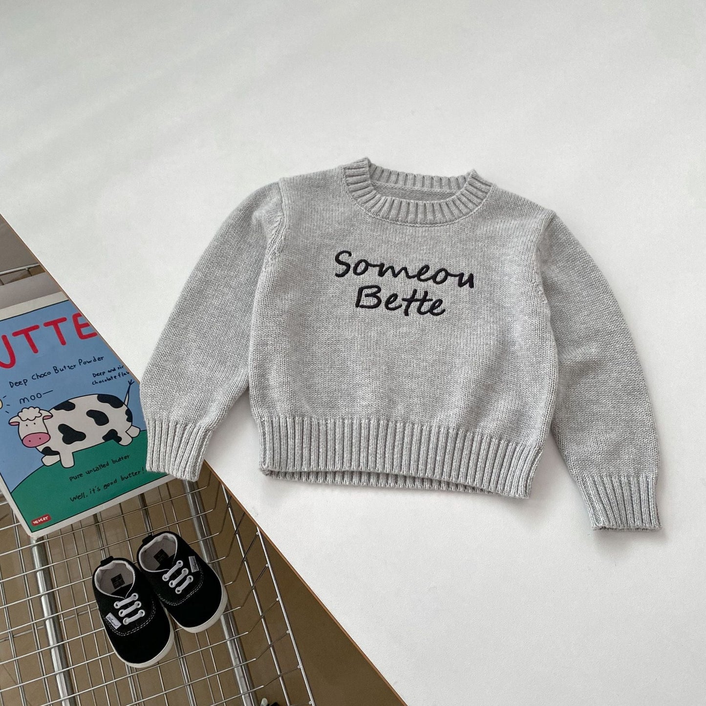 Autumn Baby Kids Boys Letters Embroidery Pattern Knitted Crew Neck Pullover and Denim Pants Clothing Set-4
