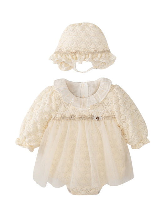 Autumn Tulle Dress Design Baby Girls Beige Geometric and Heart Pattern Long Sleeves Onesies with Princess Collar and Hat-0