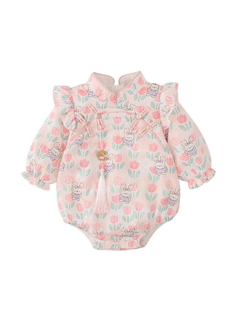 Autumn New Arrival Baby Girls Flowers and Rabbits Pattern Long Sleeves Onesies with Stand Collar-4