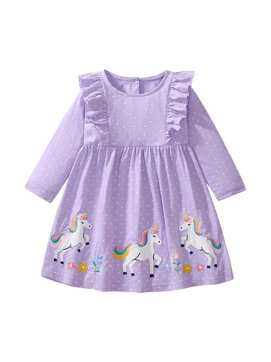 Design Autumn Girls Unicorn Cartoon And Dots Pattern Crew Neck Long Sleeves Princess Dress-0