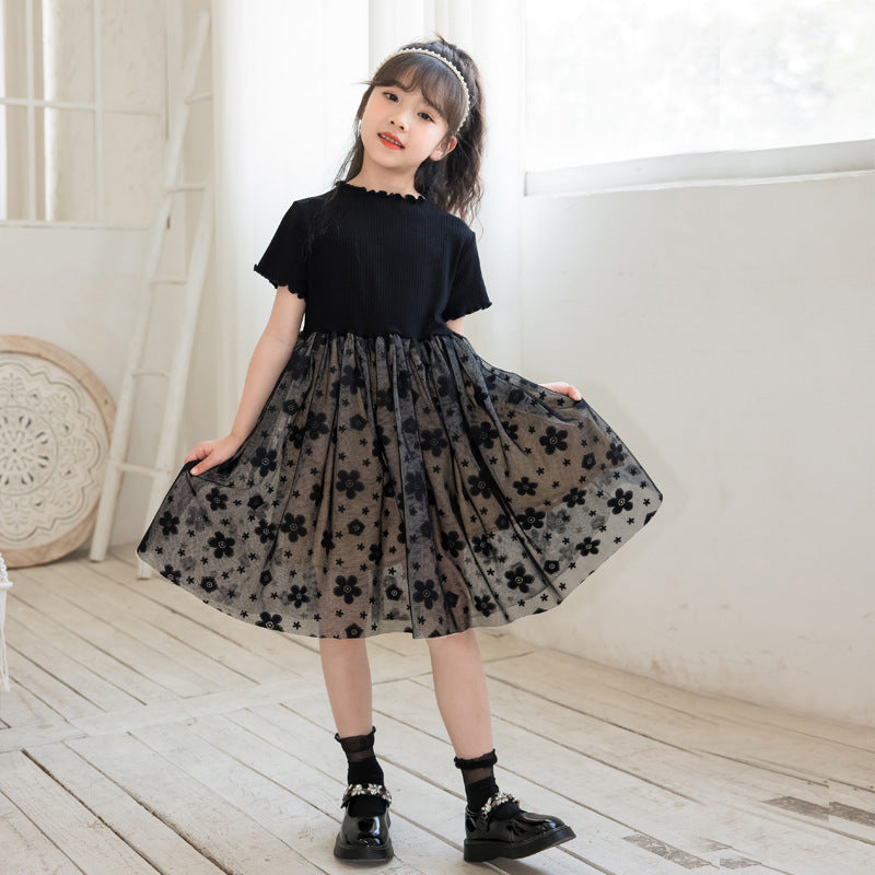 Solid Black Short Sleeve Mesh Dress For Children Girl-3