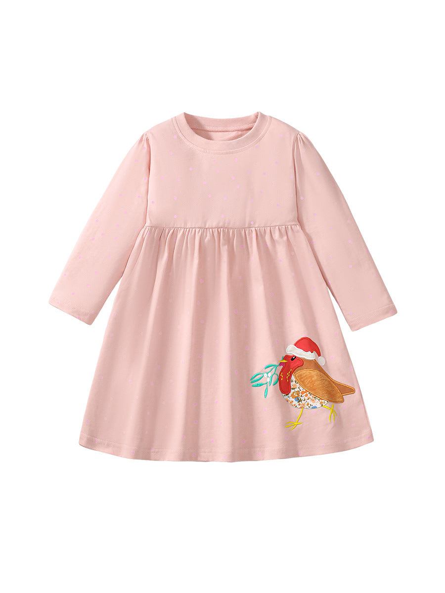 High Quality Autumn Girls Long Sleeves Sparrow Bird Pattern Crew Neck Long Sleeves Dress-0