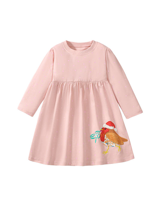 High Quality Autumn Girls Long Sleeves Sparrow Bird Pattern Crew Neck Long Sleeves Dress-0