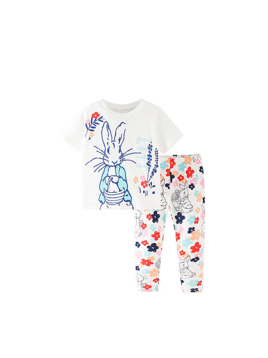 Summer Baby Kids Girls Flowers And Rabbit Print T-Shirt And Pants Clothing Set-0