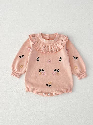 Autumn Arrival Baby Girls Flowers and Butterfly Embroidery Pattern Long Sleeves Onesies with Collar-1