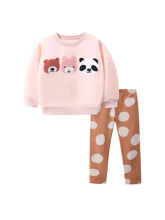 Spring Baby Kids Girls Animals Embroidery Long Sleeves Pullover And Polka Dots Pants Clothing Set-0