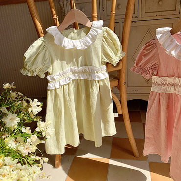Arrival Summer Kids Girls Short Sleeves Ruffle Collar Princess Dress-1