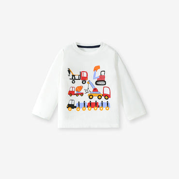Spring And Autumn Boys Cartoon Vehicles Pattern Long Sleeves Top T-Shirt And Solid Color Pants Clothing Set-1