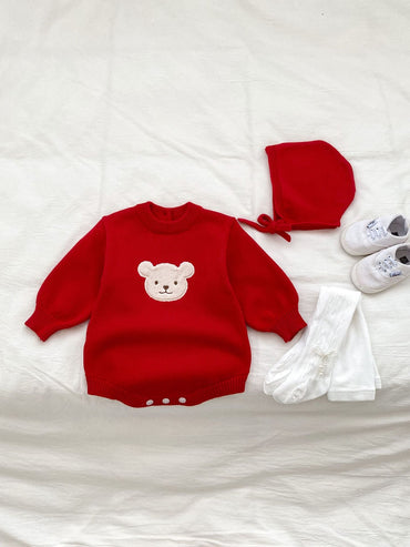 Autumn Design Baby Unisex Teddy Bear Pattern Long Sleeves Crew Neck Knitted Onesies with Hat-1