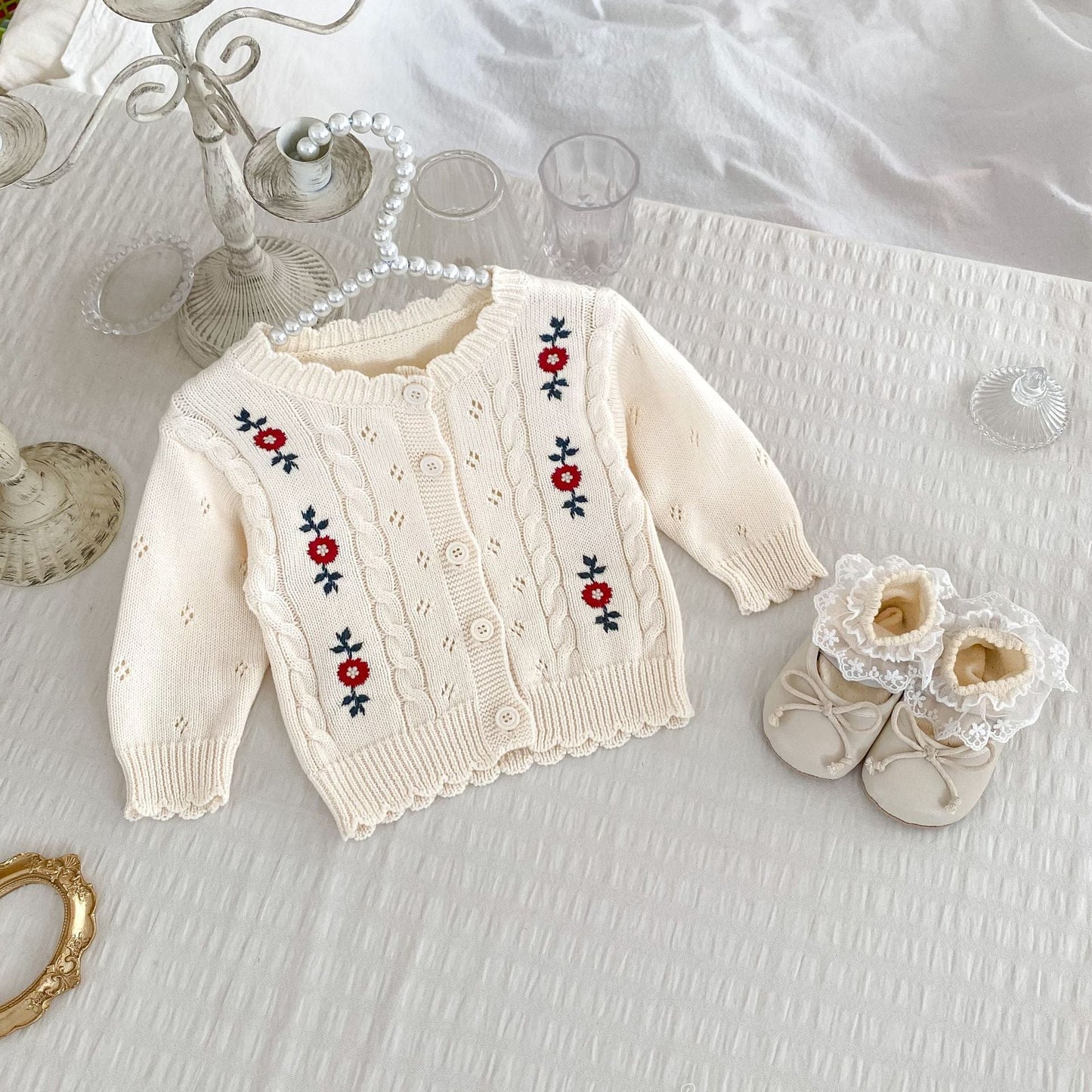 Autumn Arrival Baby Kids Girls Comfortable Floral Pattern Embroidered Knitted Long Sleeves Cardigan-4
