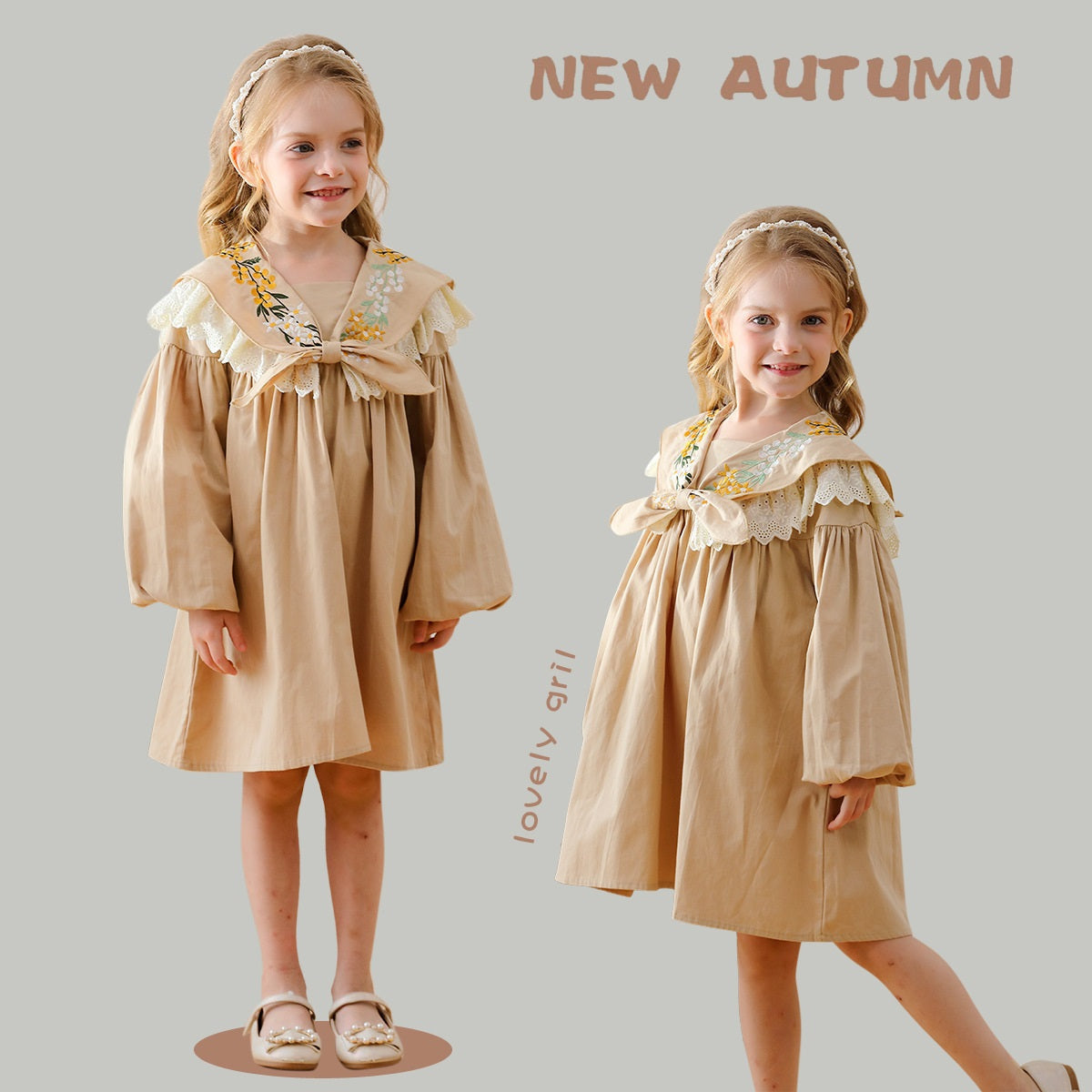Arrival Autumn Girls Artsy Flowers Embroidery Pattern Collar Long Sleeves Stylish Dress-0