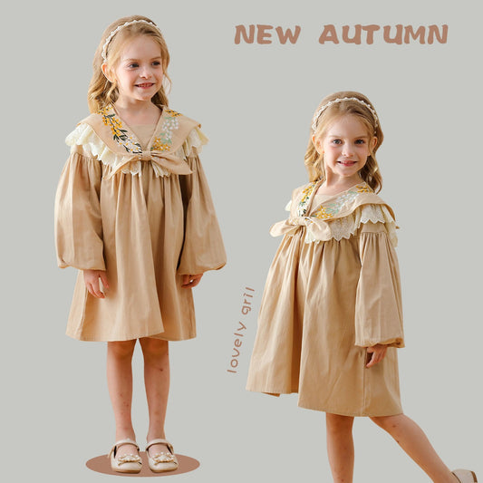 Arrival Autumn Girls Artsy Flowers Embroidery Pattern Collar Long Sleeves Stylish Dress-0