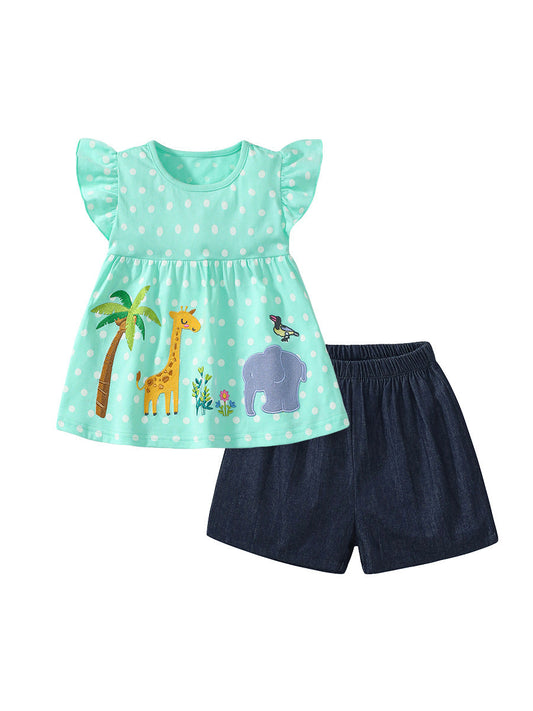 Summer Baby Kids Girls Polka Dots Green Dress And Solid Color Shorts Clothing Set-0
