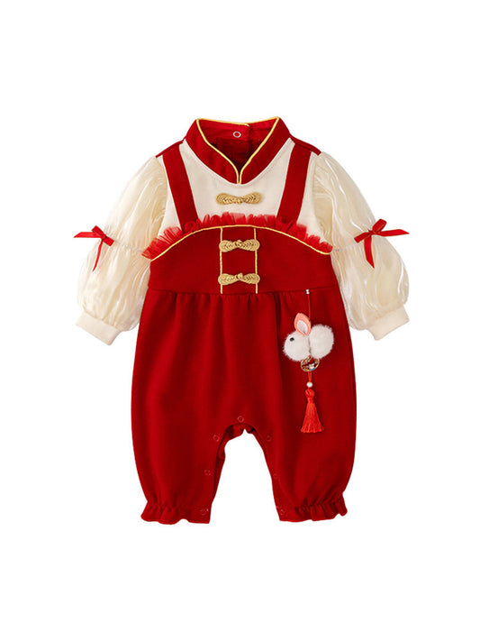 Autumn Design Baby Girls Color Patchwork Stand Collar Romper with Butterfly Bows-0
