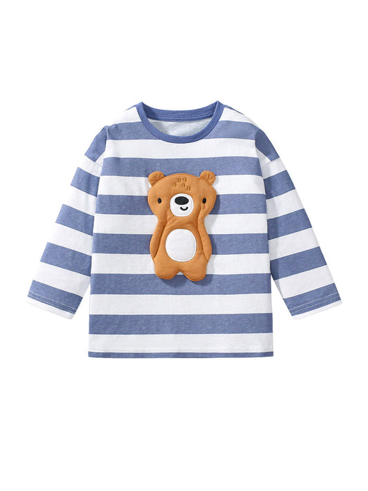 Arrival Autumn Girls’ 3D Teddy Bear Long Sleeves Striped T-shirt in European and American Style-0