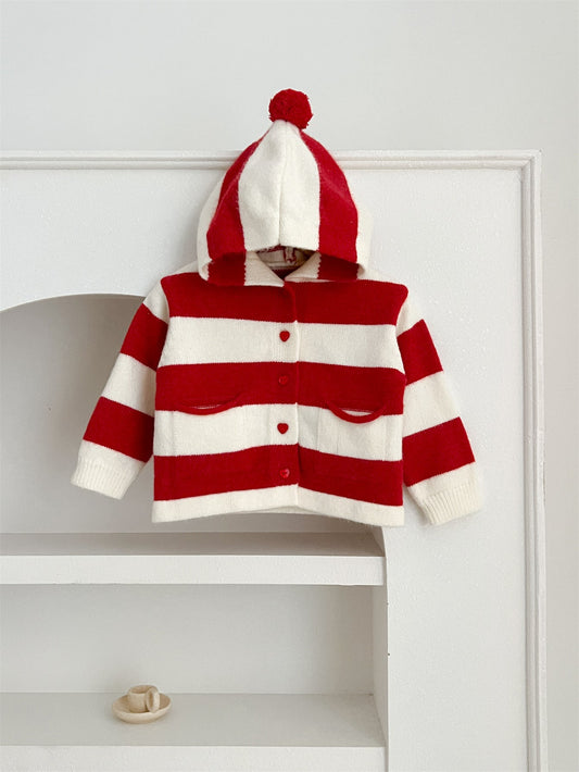 Arrival Baby Kids Girls Striped Color Patchwork Single Breasted Knitwear Hoodie-0