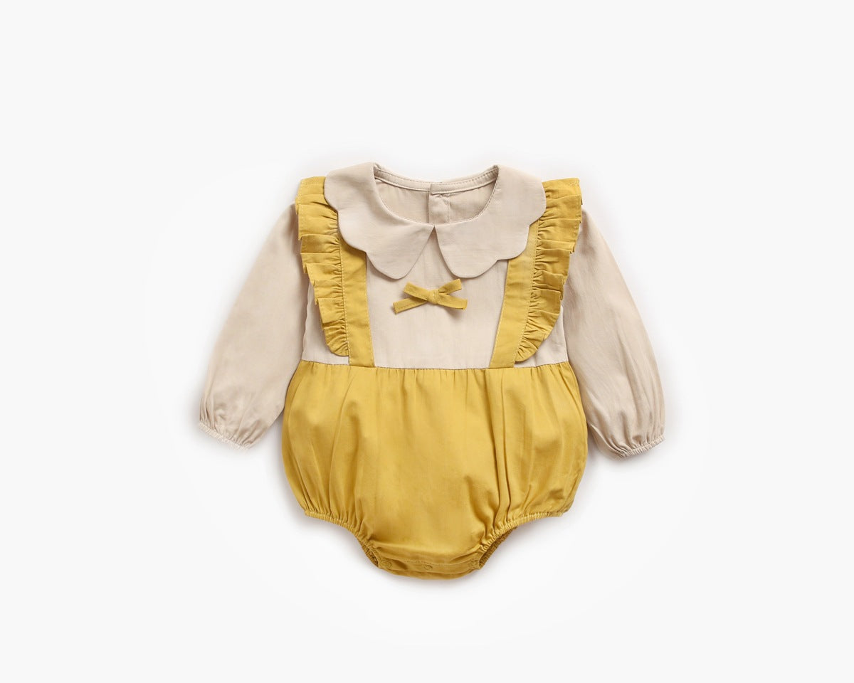 Baby Girl False 1 Pieces Design Petal Collar Design Bow Patched Bodysuit Onesies-4