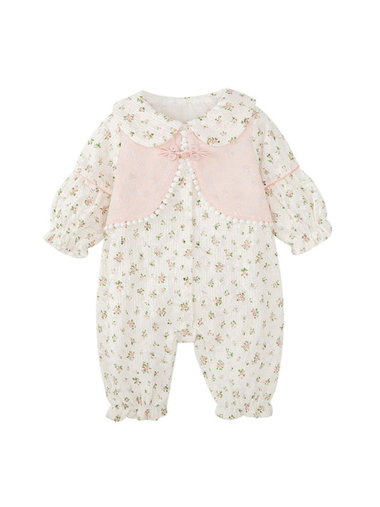 Autumn Arrival Baby Girls Flowers Pattern Single Breasted Romper with Cute Collar-0