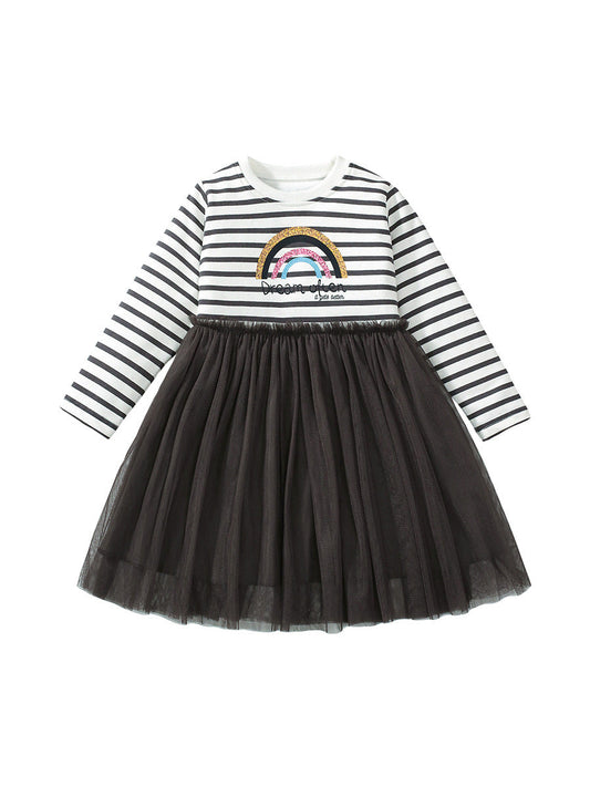 Best Selling Autumn Girls Rainbow And Striped Pattern Crew Neck Long Sleeves Tulle Patchwork Dress-0