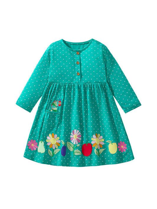 Design Autumn Girls Fruits And Flowers Pattern Crew Neck Long Sleeves Green Dress-0