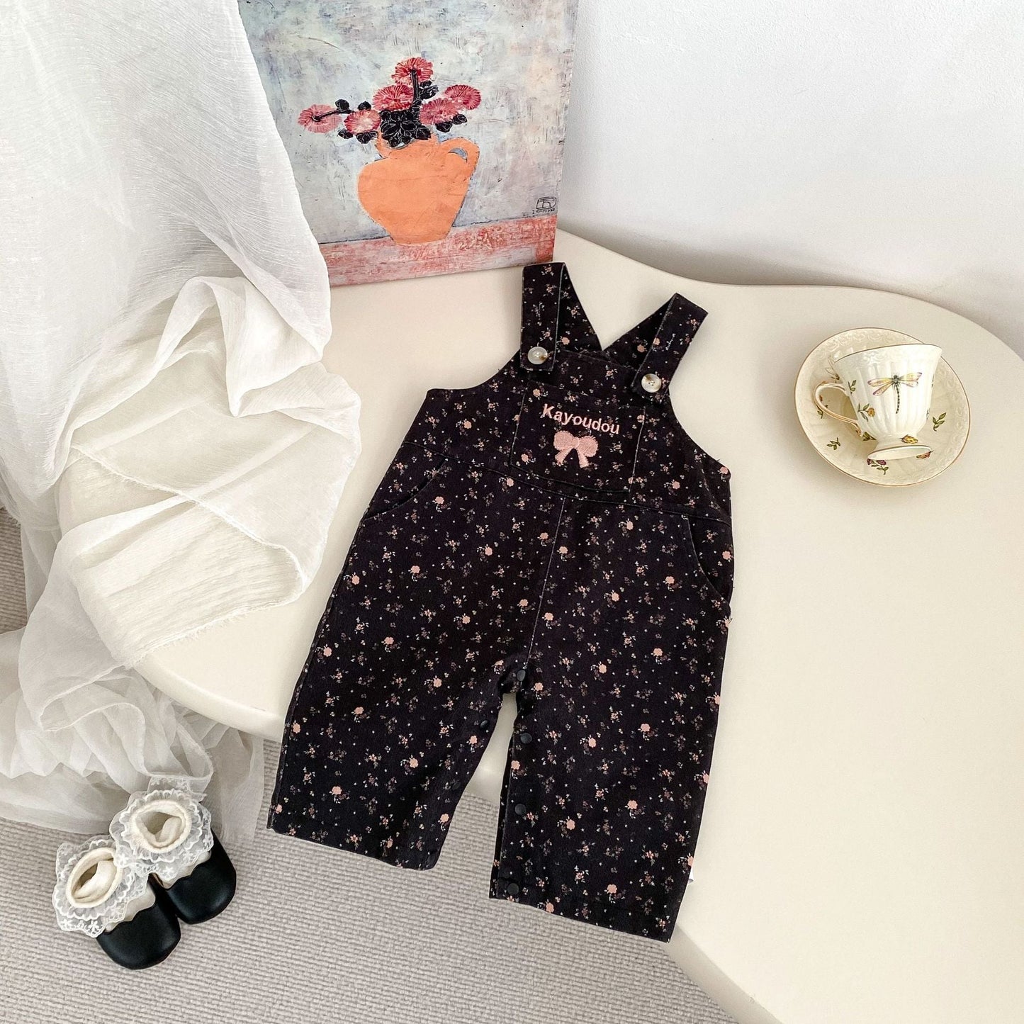 Arrival Spring Girls Long Sleeves Striped Embroidery Top Shirt and Sleeveless Floral Overalls Set Clothing Set-4