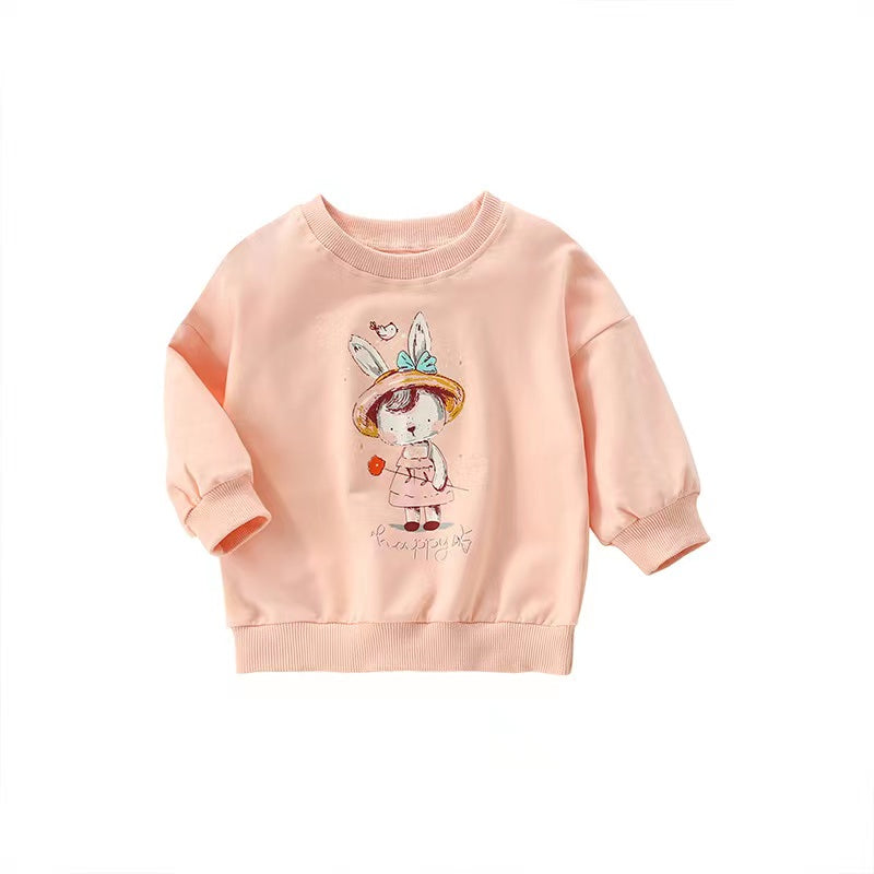 Baby Girl Cartoon Print Pattern Loose Pullover Round Neck Hoodies