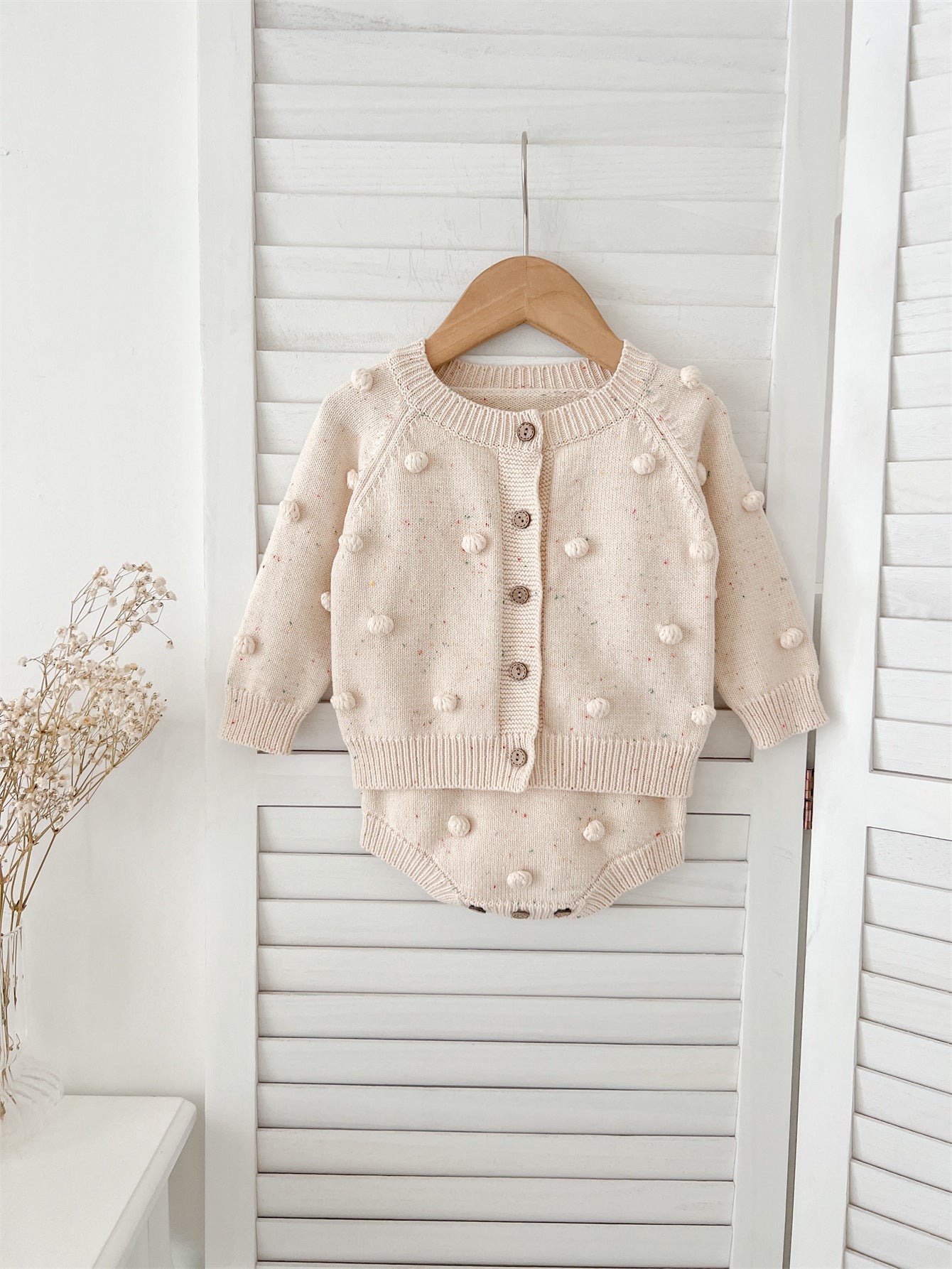 Arrival Autumn Baby Long Sleeves Solid Color Knitted Cardigan and Sleeveless Strap Bodysuits – Clothing Set-4
