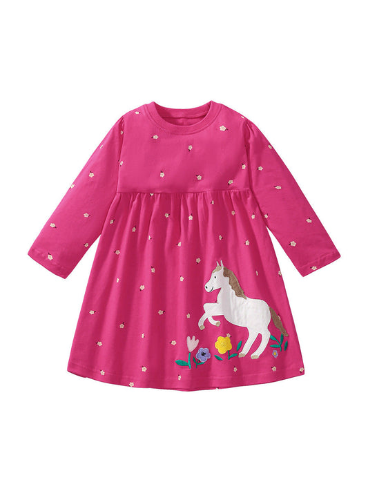 Cheap Autumn Girls Cartoon Flowers And Horse Pattern Crew Neck Long Sleeves Casual Dress-0